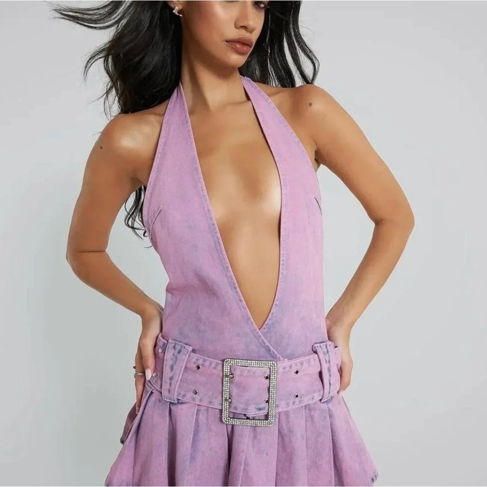 JADED LONDON Malibu Plunge Denim Mini Dress - Picture 2 of 13